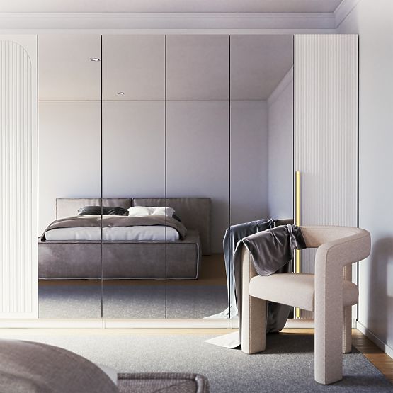 Štvordverová skriňa Neroli, zrkadlo/jednoduché drážky, biela