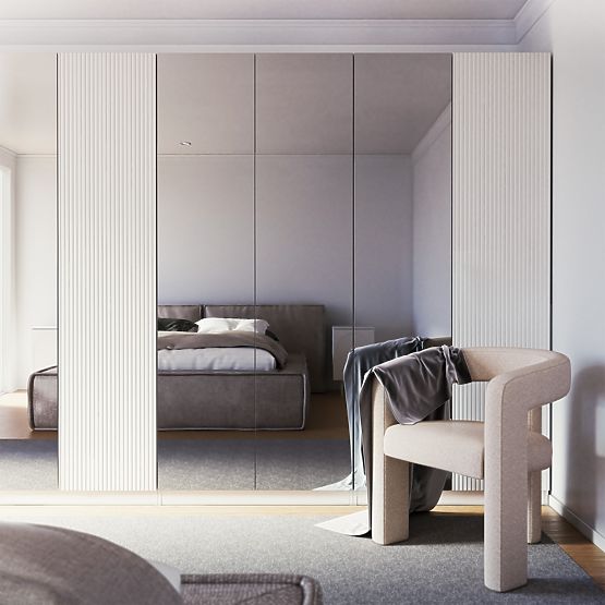 Štvordverová skriňa Neroli, zrkadlo/jednoduché drážky, biela