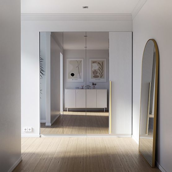 Štvordverová skriňa Neroli, zrkadlo/jednoduché drážky, biela