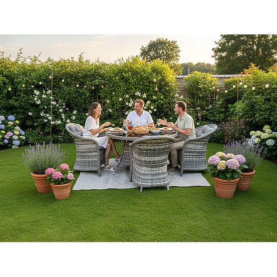 Súprava stolového nábytku z technoratanu (4 kreslá + okrúhly stôl) MODERNO svetlosivá