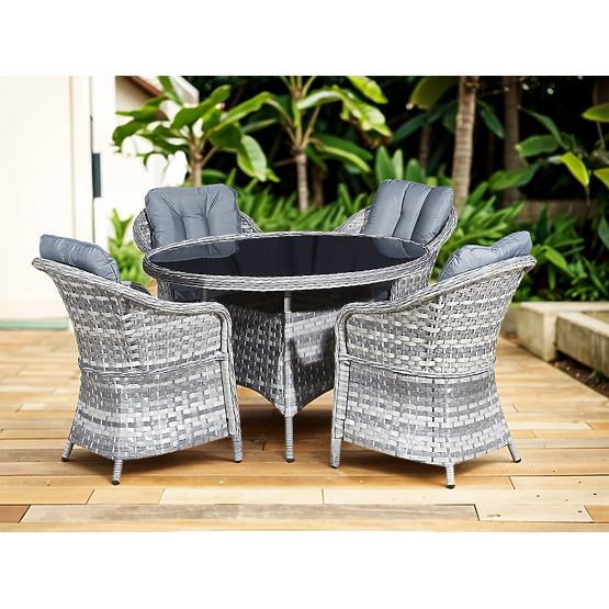 Súprava stolového nábytku z technoratanu (4 kreslá + okrúhly stôl) MODERNO svetlosivá