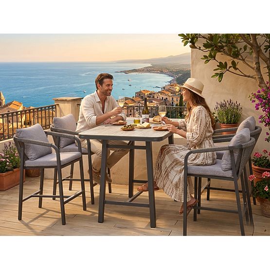 Súprava záhradného nábytku (4 barové stoličky + vysoký stôl) BREZZA sivá