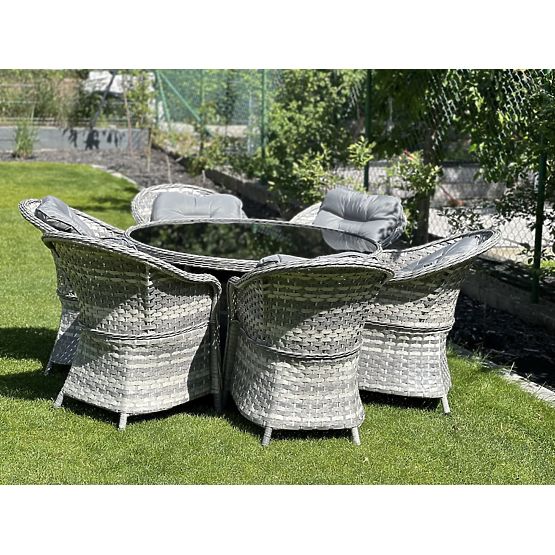 Veľká jedálenská súprava z technoratanu (6 kresiel + stôl) MODERNO svetlosivá