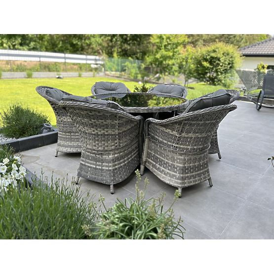 Veľká jedálenská súprava z technoratanu (6 kresiel + stôl) MODERNO svetlosivá