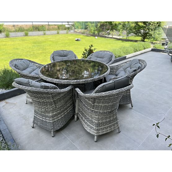 Veľká jedálenská súprava z technoratanu (6 kresiel + stôl) MODERNO svetlosivá