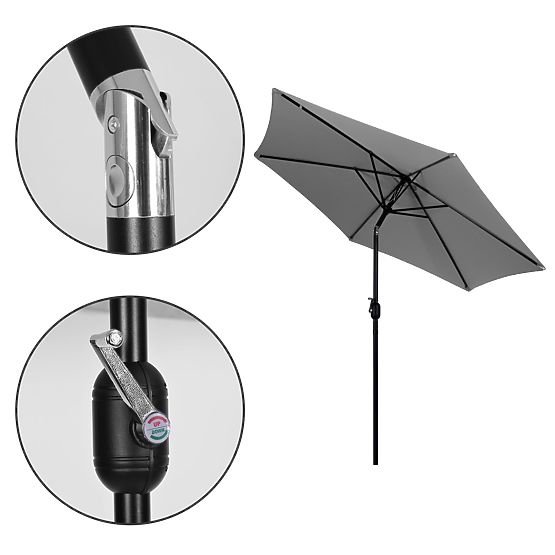 Veľký šikmý záhradný slnečník s kľukou 6 rebier sivý 270 cm