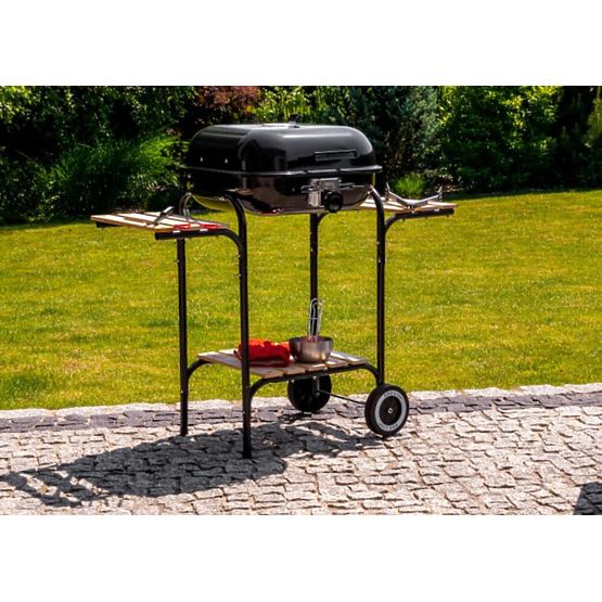 Veľký záhradný gril s nastaviteľným roštom a drevenými policami