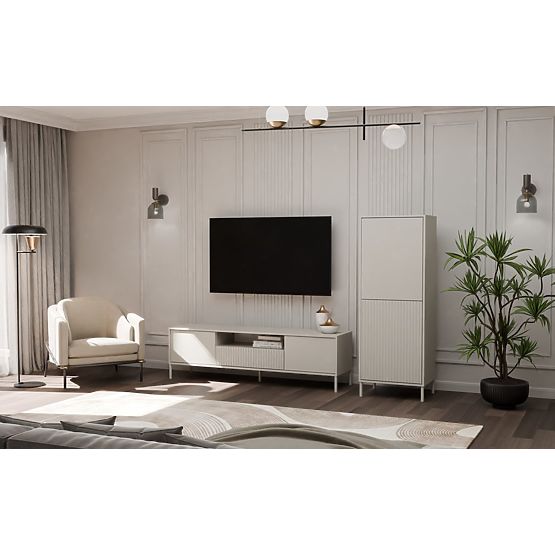 Vitrína KAMARO 2DK SLIM/HLADKÝ KAŠMÍR Lamelový Ryhovaný + Klasický Čelný Panel