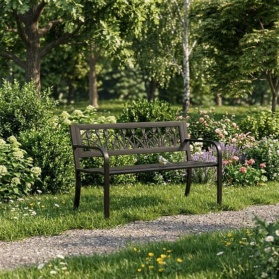 Záhradná lavička s dekoratívnym operadlom 120x50 cm kovová parková čierna MultiGarden