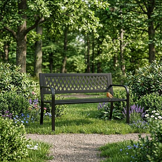 Záhradná lavička s mriežkovým operadlom 120x50 cm kovová parková čierna MultiGarden