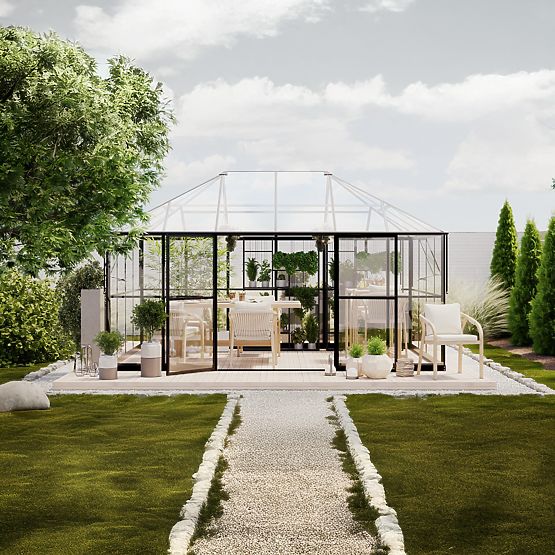 Záhradná oranžéria ProGlass Gazebo Standard so základom 12 m² tvrdené sklo 4 mm, hliník, čierna