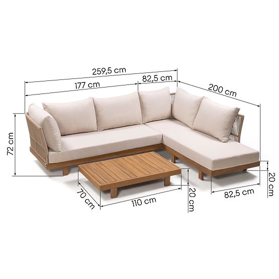 Záhradná rohová sedačka so stolíkom Borgetto, pletenina, akáciové drevo FSC, teakový vzhľad, svetlo 