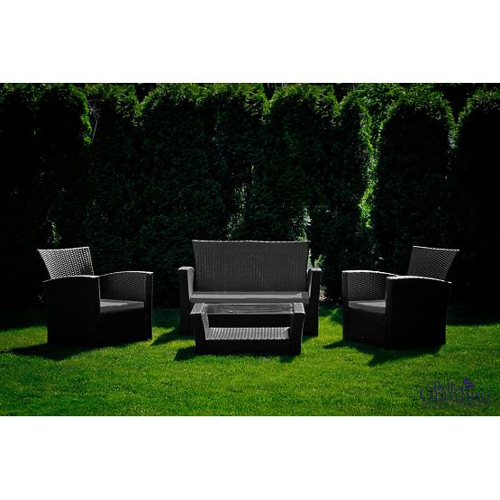 Záhradný nábytok z technoratanu (sofa 123cm, 2 x kreslo + stolík) UNICO čierny
