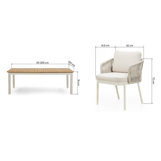 Záhradný set Porticato, rozkladací stôl 211-300 cm + 4 stoličky, akáciové drevo FSC, teakový vzhľad