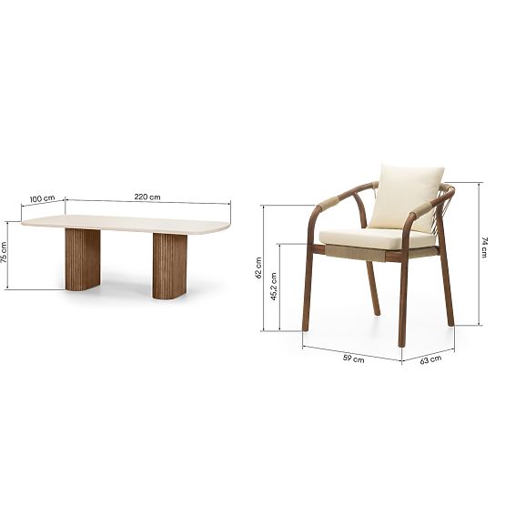 Záhradný set Rovigo stôl s kamennou doskou 220 cm a 6 stoličiek s pleteným povrázkom, tmavé drevo