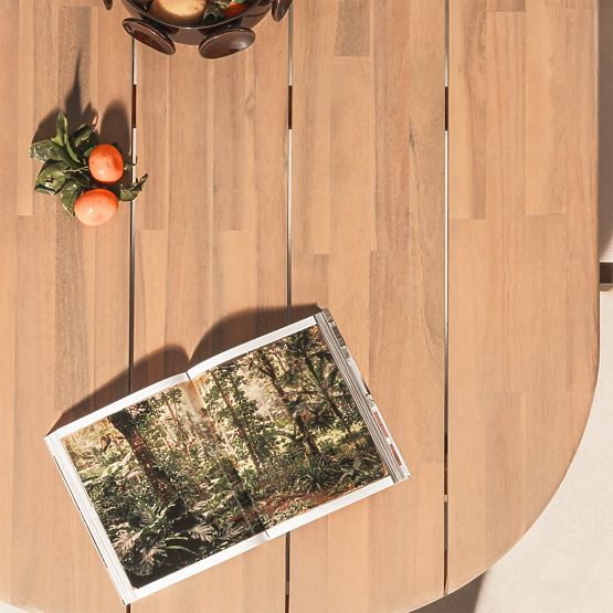 Záhradný set Satori II, stôl 240 cm + 6 stoličiek, akáciové drevo FSC, teakový vzhľad, béžový, zaobl