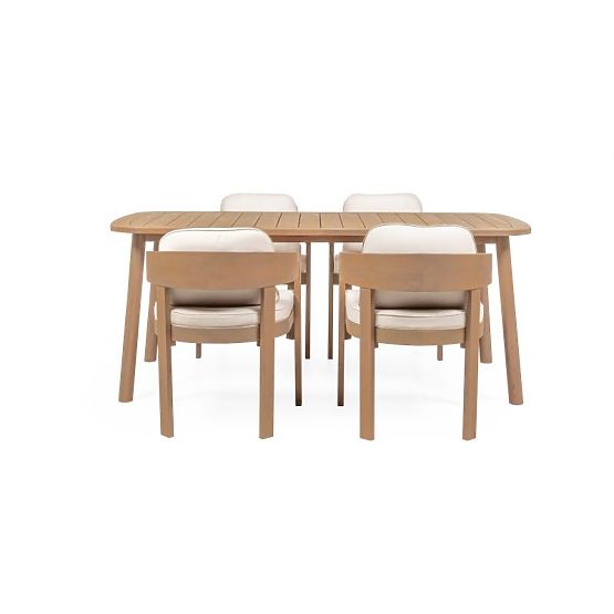 Záhradný set Satori, stôl 183 cm + 4 stoličky, akáciové drevo FSC, teakový vzhľad, béžový, zaoblený