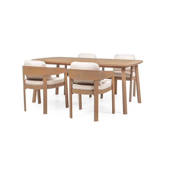 Záhradný set Satori, stôl 183 cm + 4 stoličky, akáciové drevo FSC, teakový vzhľad, béžový, zaoblený