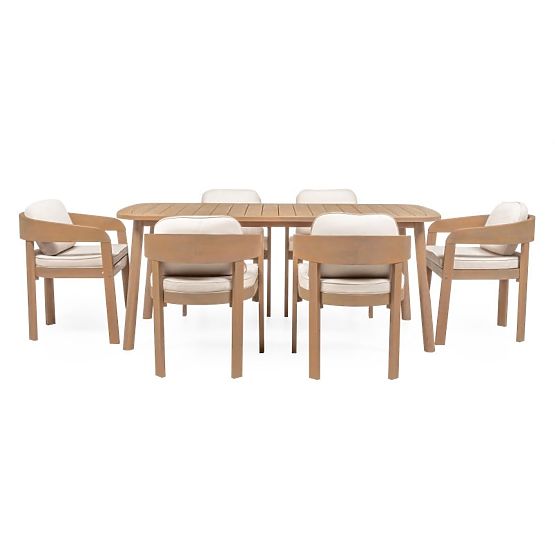 Záhradný set Satori, stôl 183 cm + 6 stoličiek, akáciové drevo FSC, teakový vzhľad, béžový, zaoblený