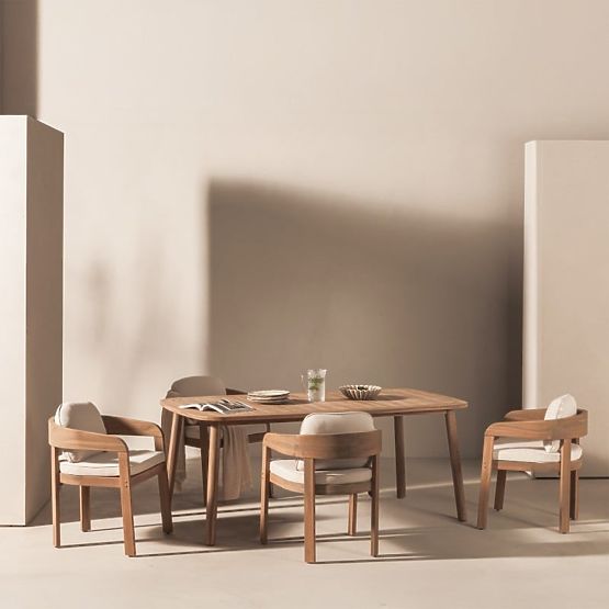 Záhradný set Satori, stôl 183 cm + 6 stoličiek, akáciové drevo FSC, teakový vzhľad, béžový, zaoblený