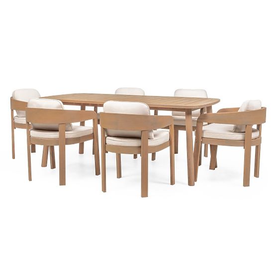 Záhradný set Satori, stôl 183 cm + 6 stoličiek, akáciové drevo FSC, teakový vzhľad, béžový, zaoblený