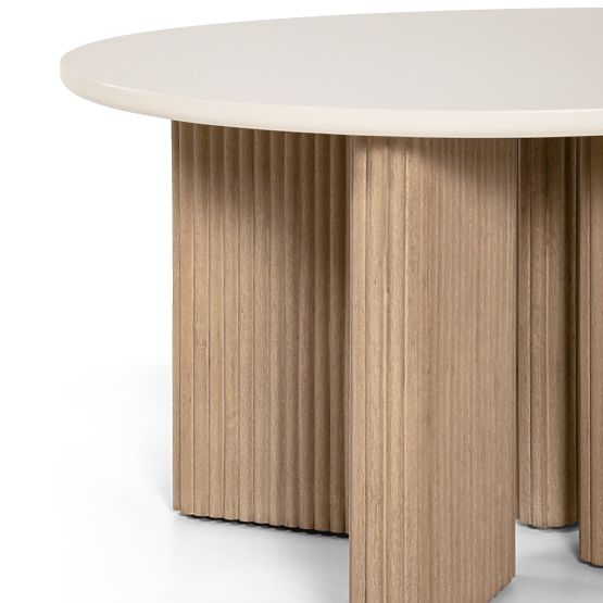 Záhradný stôl Komorebi 130 cm s kamennou doskou, svetlé akáciové drevo/svetlo béžový, okrúhly, lamel