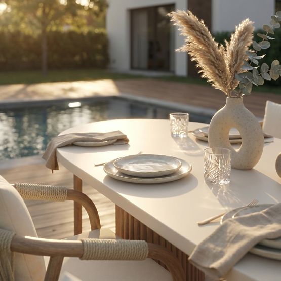 Záhradný stôl Komorebi 270 cm s kamennou doskou, svetlé akáciové drevo/svetlo béžová, oválny, lamely