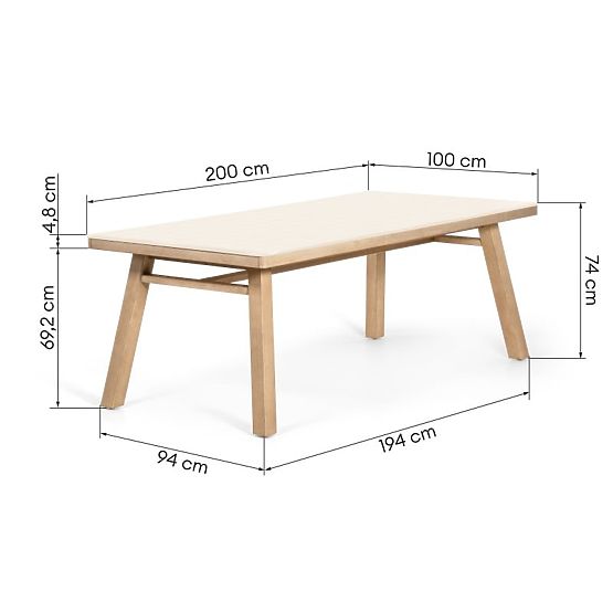 Záhradný stôl Wabi 200 cm s kamennou doskou, svetlé akáciové drevo/svetlo béžový, obdĺžnikový