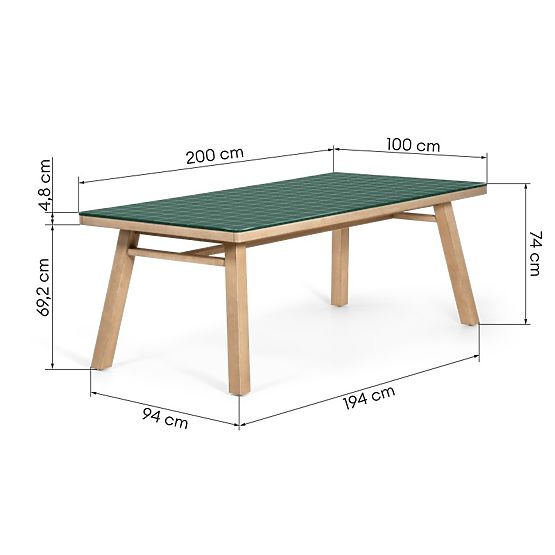 Záhradný stôl Wabi 200 cm s kamennou doskou, svetlé akáciové drevo/zelená, obdĺžnikový