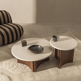 Bočný stolík Marlo II 50 cm, krémovo biely/orech, mikrocement