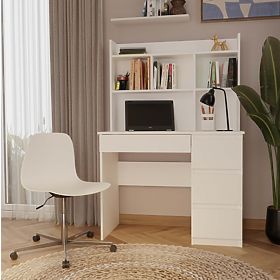 Písací stôl MIJAS Pravý s Nástavcom Biely Mat 4 Zásuvky 4 Poličky Do Kancelárie Izby