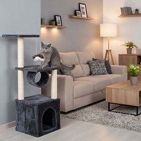 Škrabadlo pre mačky, pelech, stĺpik, veža na škrabanie, domček 94 cm sivá Petsi