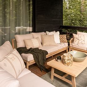 Záhradná rohová súprava so stolom Castello, výplet, akáciové drevo FSC, teakový vzhľad, béžová