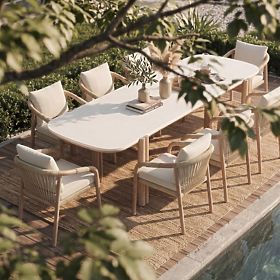 Záhradný stôl Komorebi 280 cm s kamennou doskou, svetlé akáciové drevo/svetlo béžový, obdĺžnikový